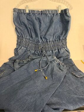 indulge Blue Denim Strapless Jumpsuit with Smocked Waist